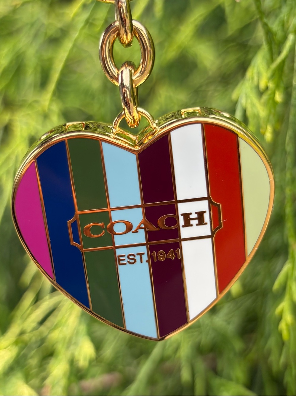 COACH Legacy Stripe Heart Locket Bag Charm Keychain - Picture 3 of 8